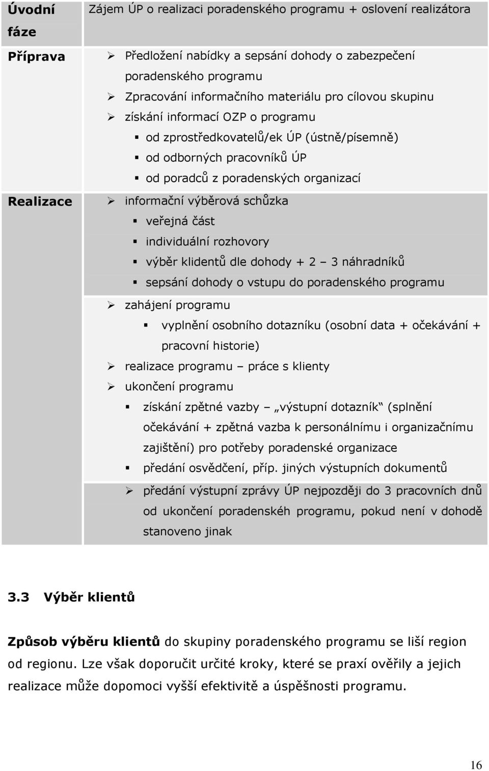 veřejná část individuální rozhovory výběr klidentů dle dohody + 2 3 náhradníků sepsání dohody o vstupu do poradenského programu zahájení programu vyplnění osobního dotazníku (osobní data + očekávání