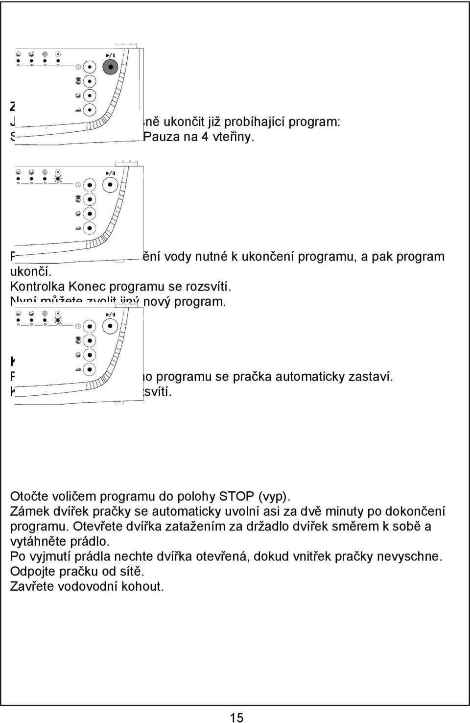 Konec programu Po dokončení zvoleného programu se pračka automaticky zastaví. Kontrolka Konec se rozsvítí. Otočte voličem programu do polohy STOP (vyp).