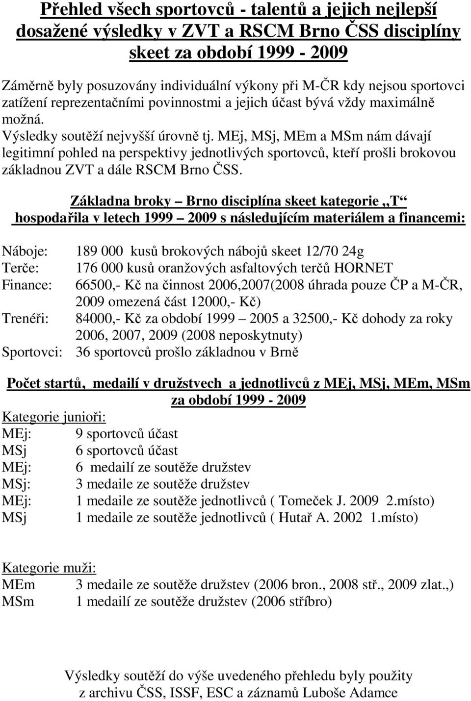 MEj, MSj, MEm a MSm nám dávají legitimní pohled na perspektivy jednotlivých sportovců, kteří prošli brokovou základnou ZVT a dále RSCM Brno ČSS.