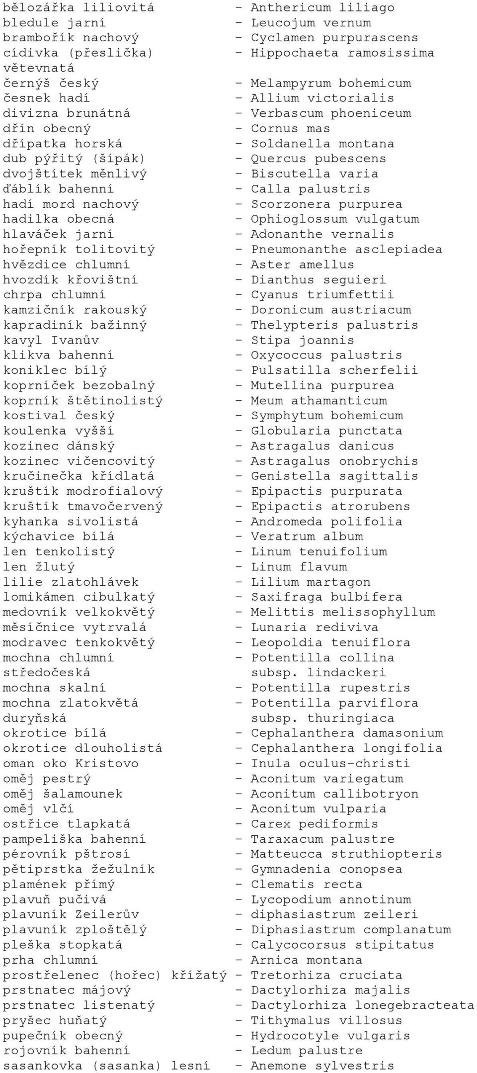 měnlivý - Biscutella varia ďáblík bahenní - Calla palustris hadí mord nachový - Scorzonera purpurea hadilka obecná - Ophioglossum vulgatum hlaváček jarní - Adonanthe vernalis hořepník tolitovitý -