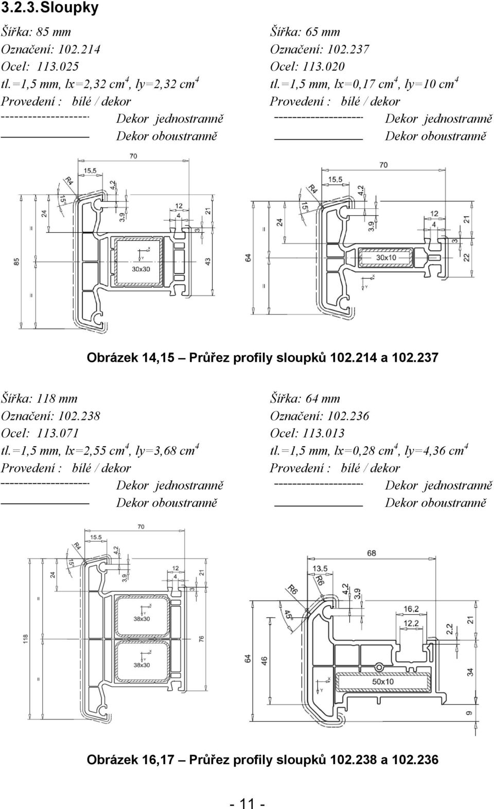 Průřez profily sloupků 102.214 a 102.237 Šířka: 118 mm Šířka: 64 mm Označení: 102.238 Označení: 102.236 Ocel: 113.071 Ocel: 113.013 tl.=1,5 mm, lx=2,55 cm 4, ly=3,68 cm 4 tl.