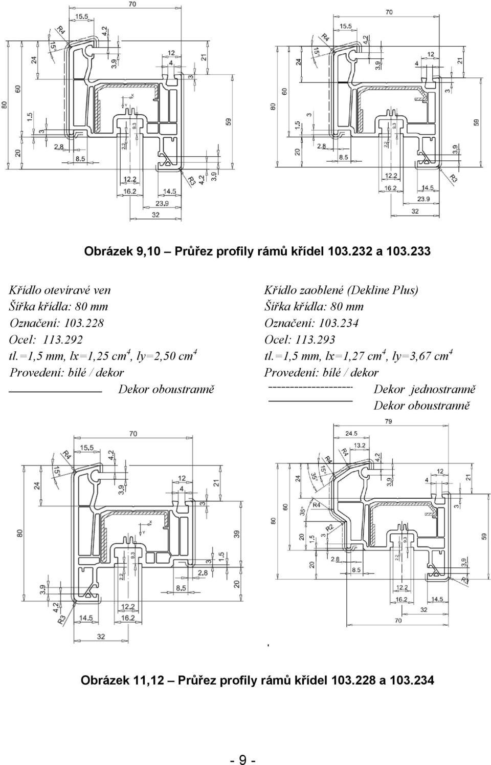 =1,5 mm, lx=1,25 cm4, ly=2,50 cm4 Provedení: bílé / dekor Dekor oboustranně Křídlo zaoblené (Dekline Plus) Šířka