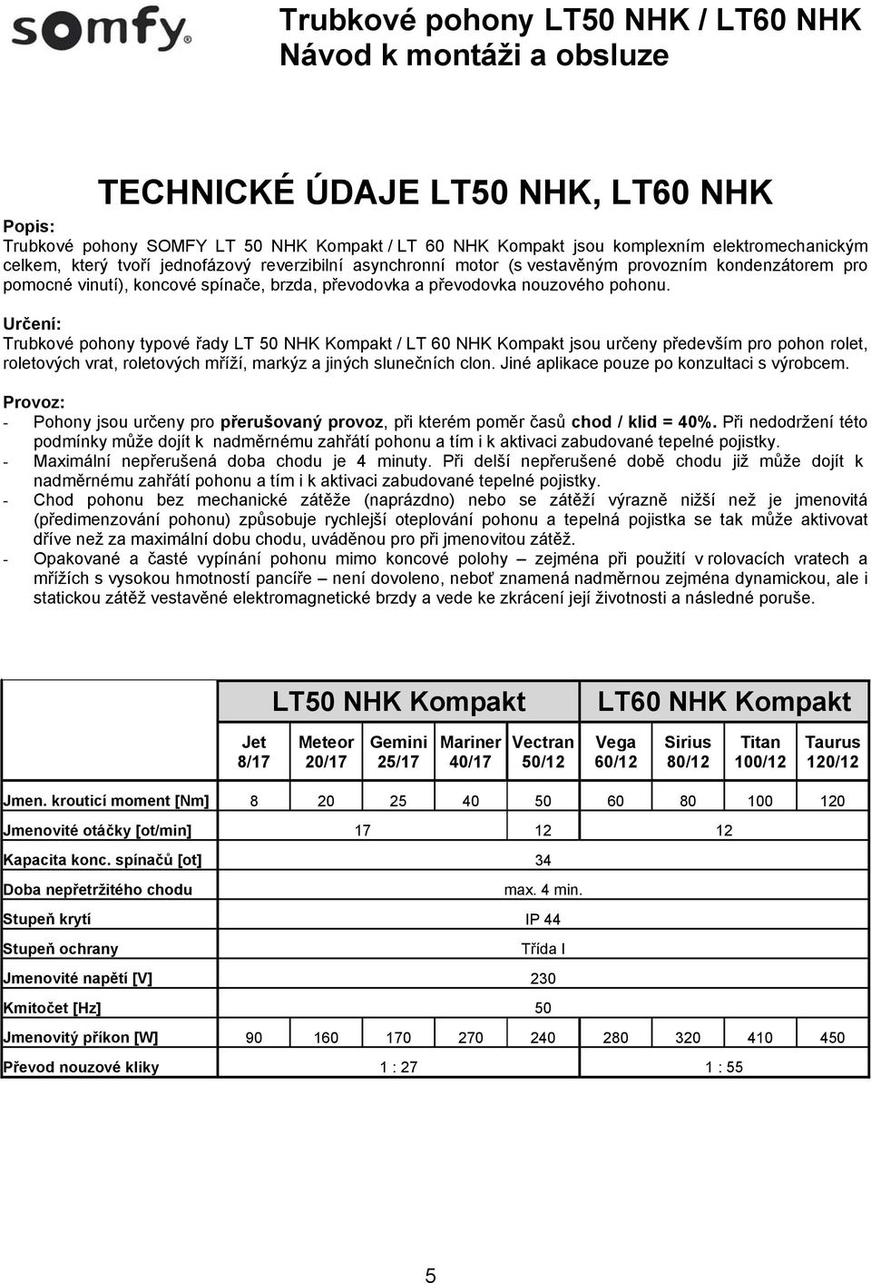 Určení: Trubkové pohony typové řady LT 50 NHK Kompakt / LT 60 NHK Kompakt jsou určeny především pro pohon rolet, roletových vrat, roletových mříží, markýz a jiných slunečních clon.