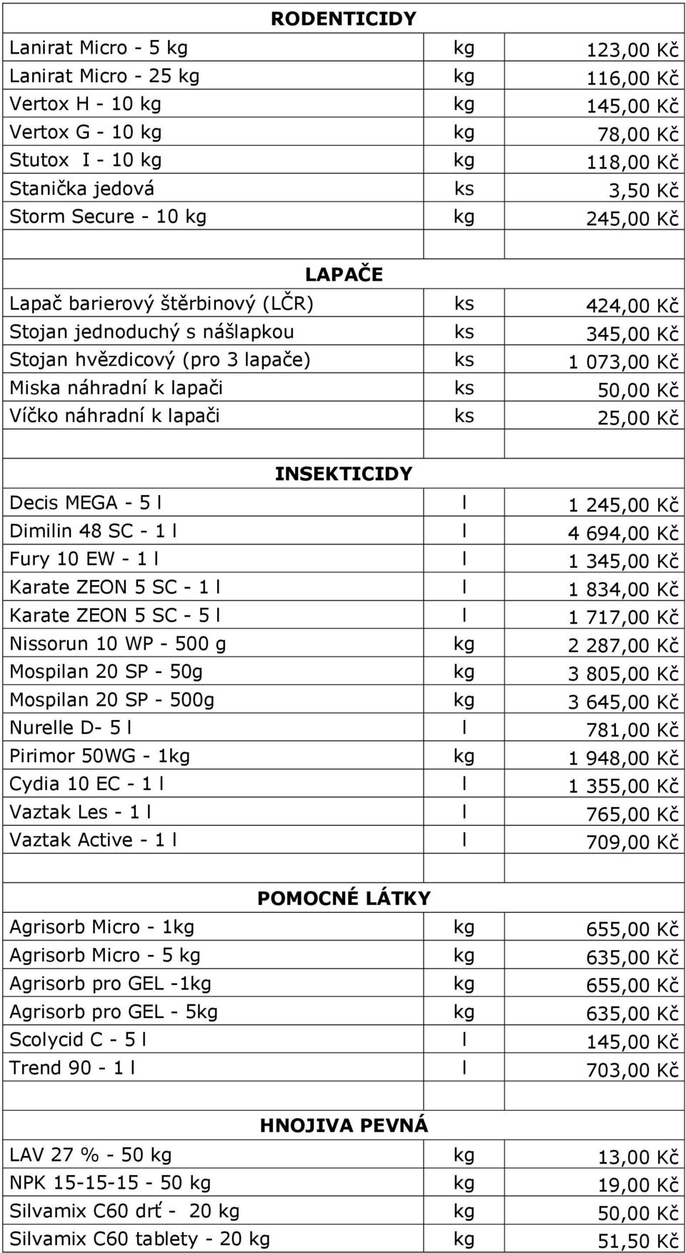 lapači ks 50,00 Kč Víčko náhradní k lapači ks 25,00 Kč INSEKTICIDY Decis MEGA - 5 l l 1 245,00 Kč Dimilin 48 SC - 1 l l 4 694,00 Kč Fury 10 EW - 1 l l 1 345,00 Kč Karate ZEON 5 SC - 1 l l 1 834,00 Kč