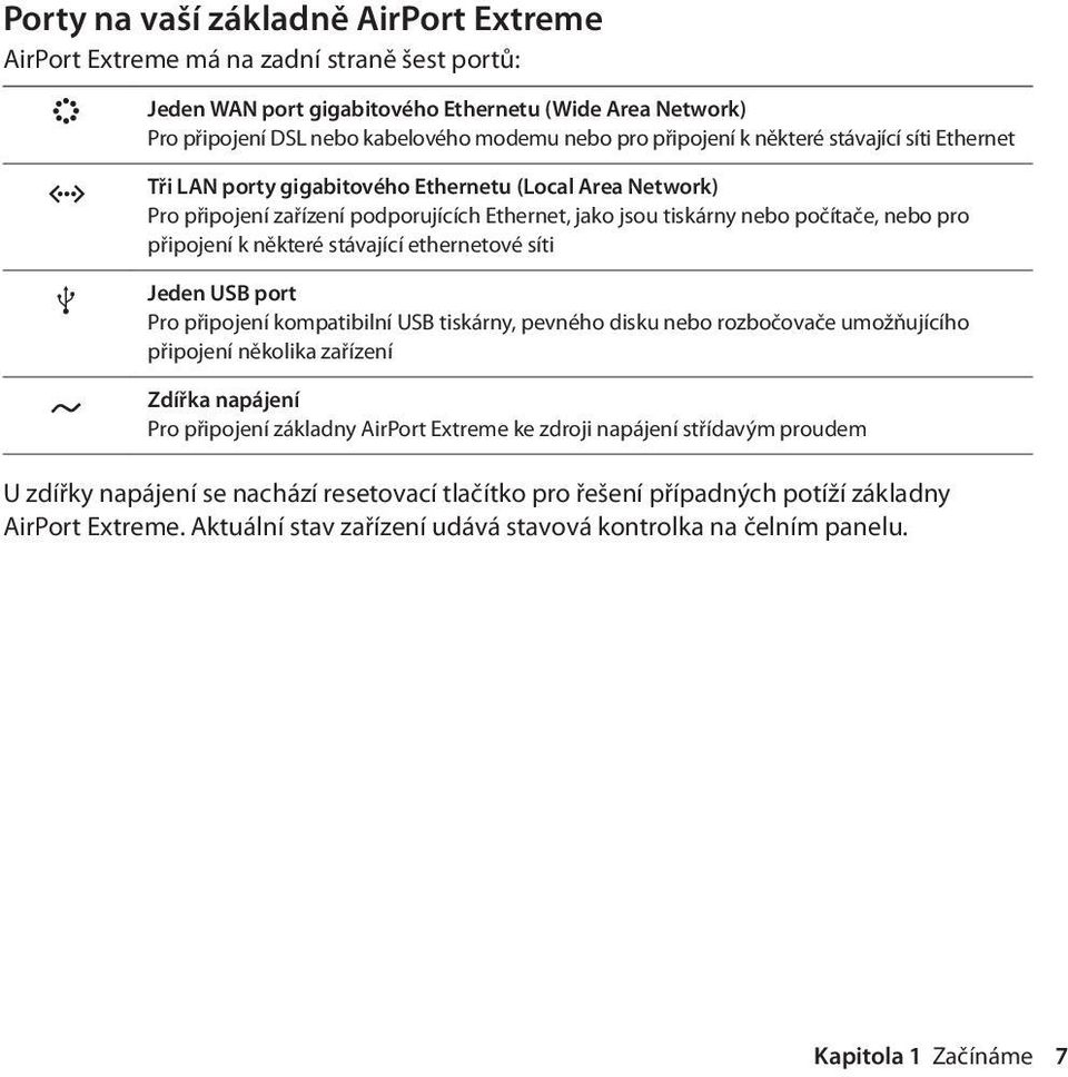 připojení k některé stávající ethernetové síti Jeden USB port Pro připojení kompatibilní USB tiskárny, pevného disku nebo rozbočovače umožňujícího připojení několika zařízení Zdířka napájení Pro