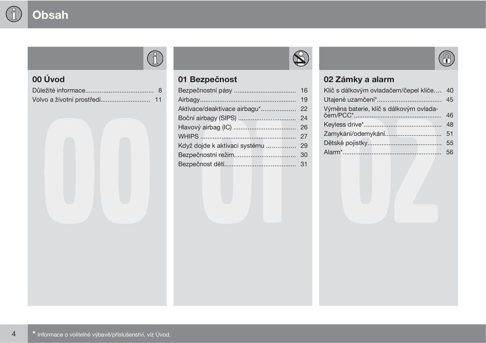 .. 22 Výměna baterie, klíč s dálkovým ovladačem/pcc*... 46 Boční airbagy (SIPS)... 24 Hlavový airbag (IC)... 26 Keyless drive*... 48 WHIPS.