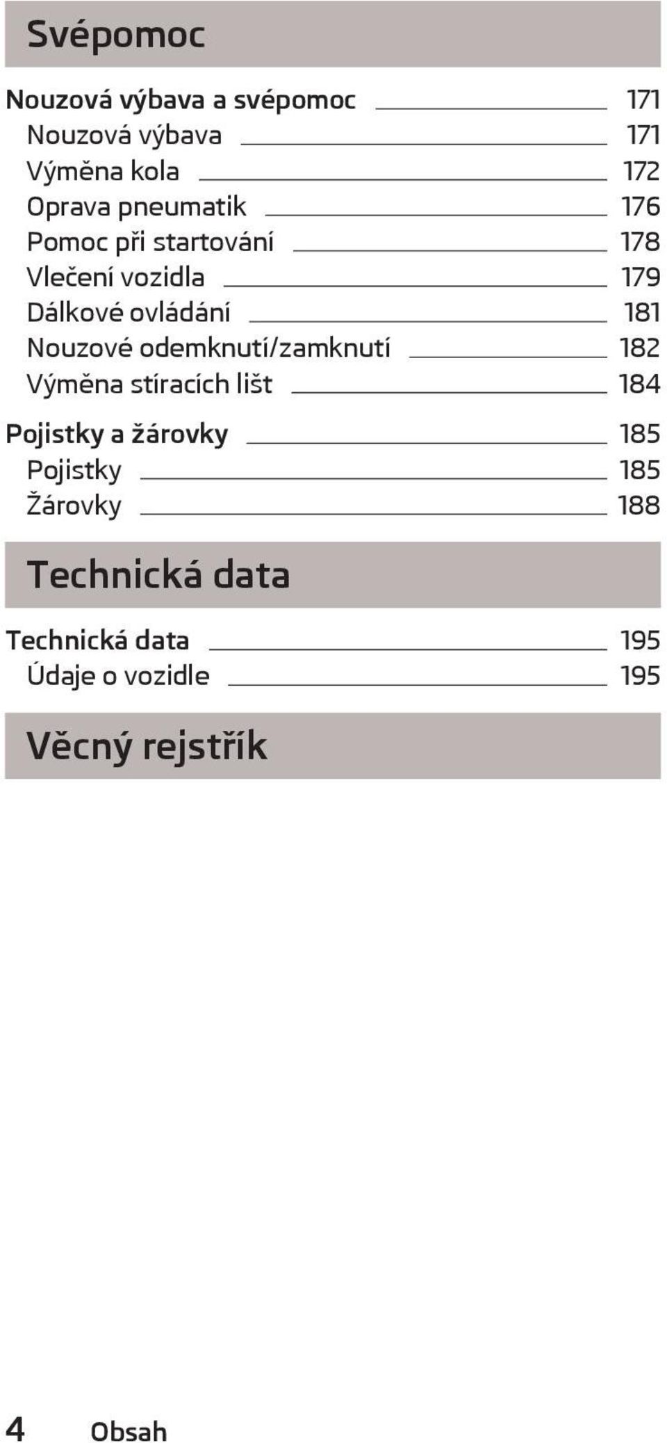 Nouzové odemknutí/zamknutí 182 Výměna stíracích lišt 184 Pojistky a žárovky 185