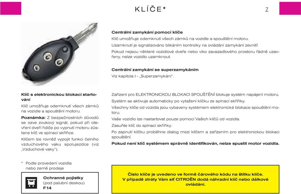 Klíè s elektronickou blokací startování Klíè umožòuje odemknutí všech zámkù na vozidle a spouštìní motoru.