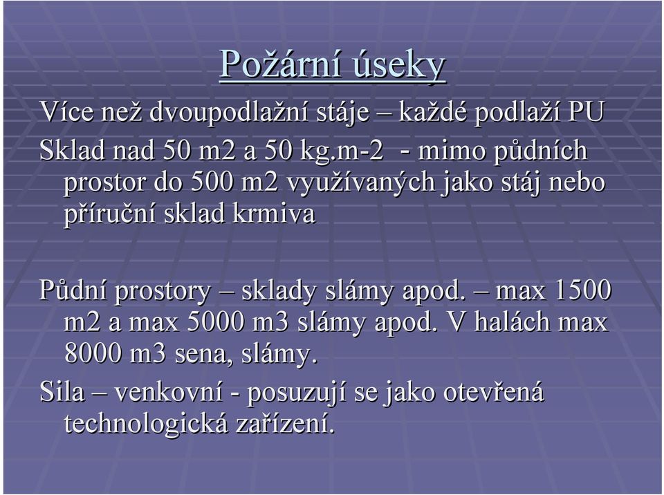 sklad krmiva Půdní prostory sklady slámy apod. max 1500 m2 a max 5000 m3 slámy apod.