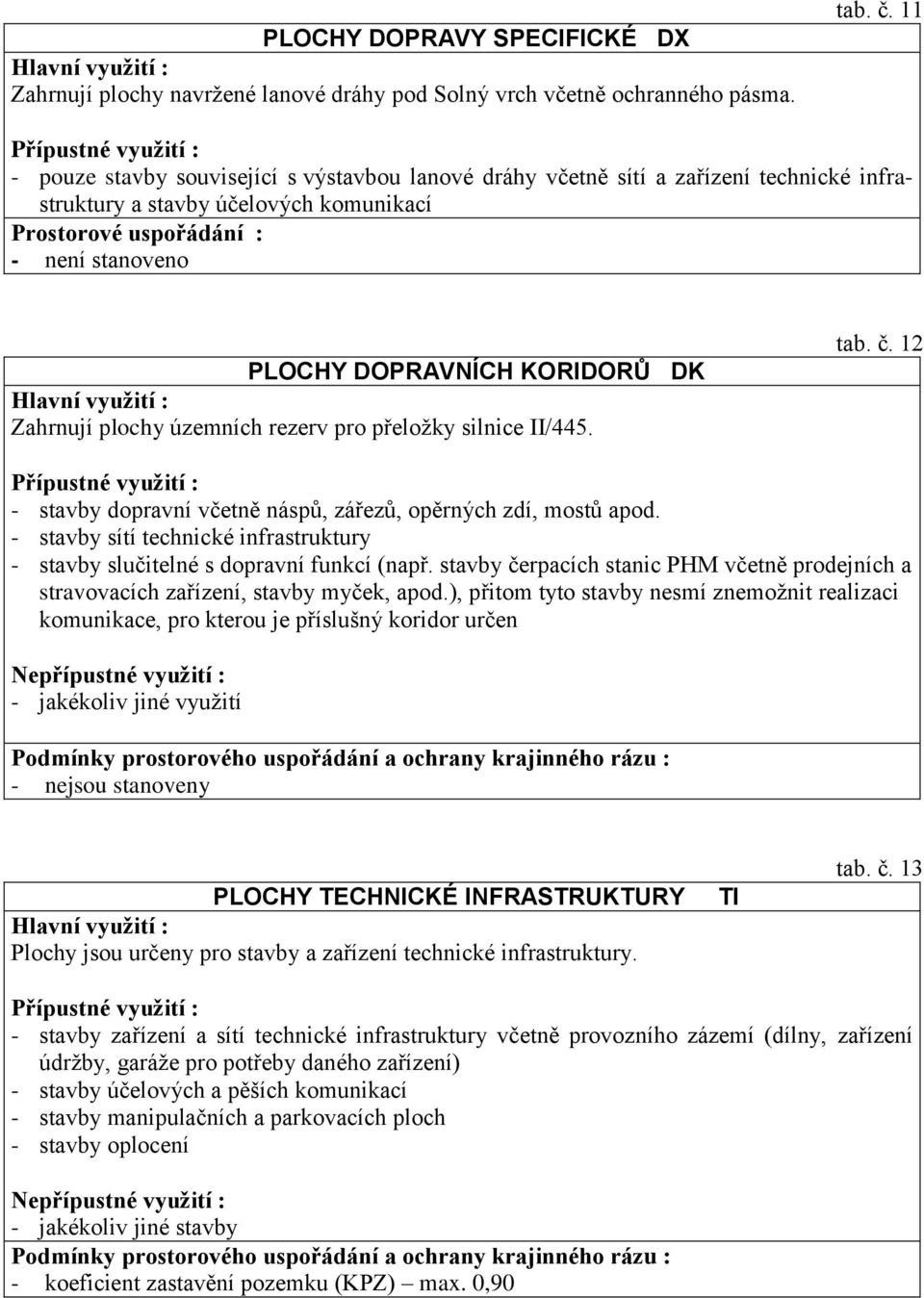 KORIDORŮ DK Zahrnují plochy územních rezerv pro přeložky silnice II/445. tab. č. 12 - stavby dopravní včetně náspů, zářezů, opěrných zdí, mostů apod.