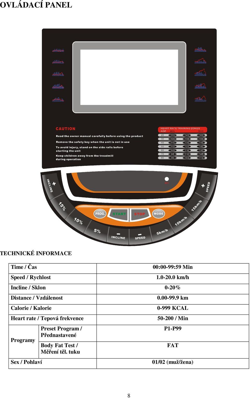 9 km Calorie / Kalorie 0-999 KCAL Heart rate / Tepová frekvence 50-200 / Min Preset