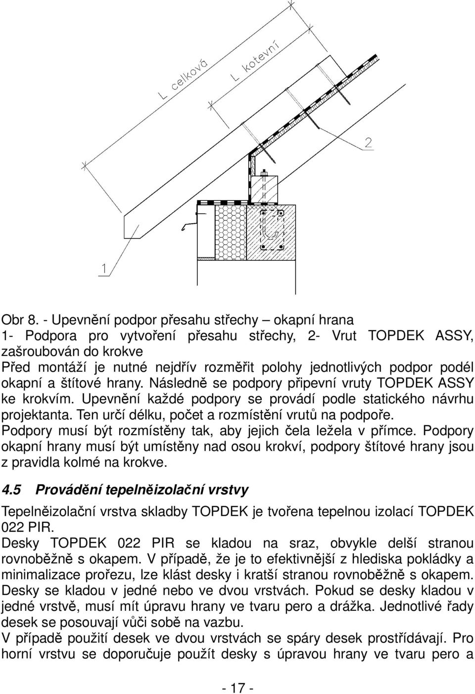 podél okapní a štítové hrany. Následně se podpory připevní vruty TOPDEK ASSY ke krokvím. Upevnění každé podpory se provádí podle statického návrhu projektanta.