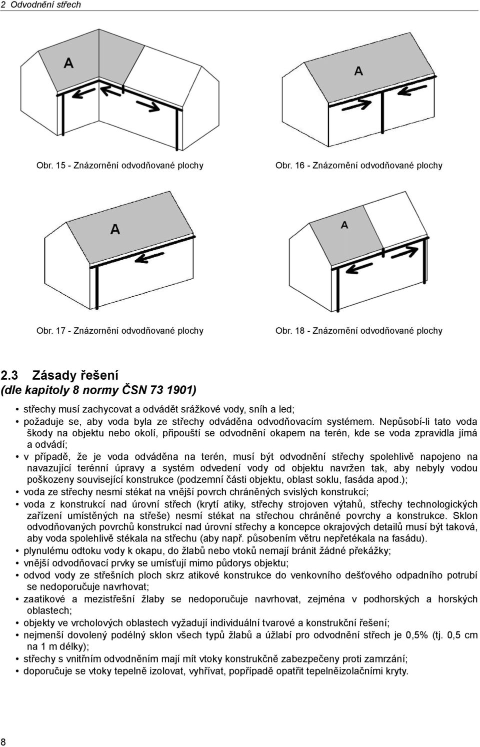 Nepůsobí-li tato voda škody na objektu nebo okolí, připouští se odvodnění okapem na terén, kde se voda zpravidla jímá a odvádí; v případě, že je voda odváděna na terén, musí být odvodnění střechy