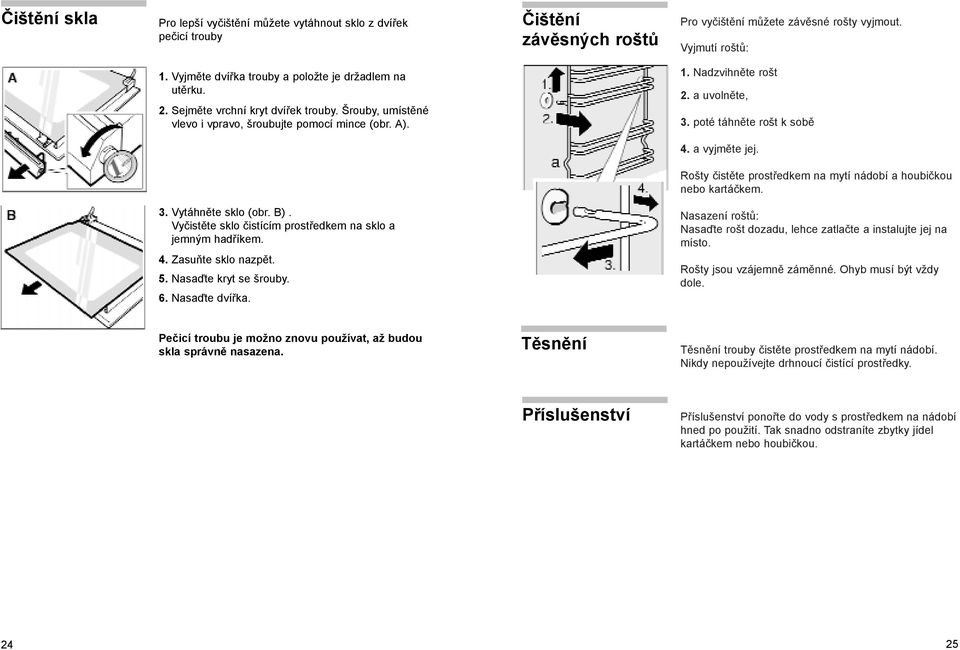 poté táhněte rošt k sobě 4. a vyjměte jej. Rošty čistěte prostředkem na mytí nádobí a houbičkou nebo kartáčkem. 3. Vytáhněte sklo (obr. B).