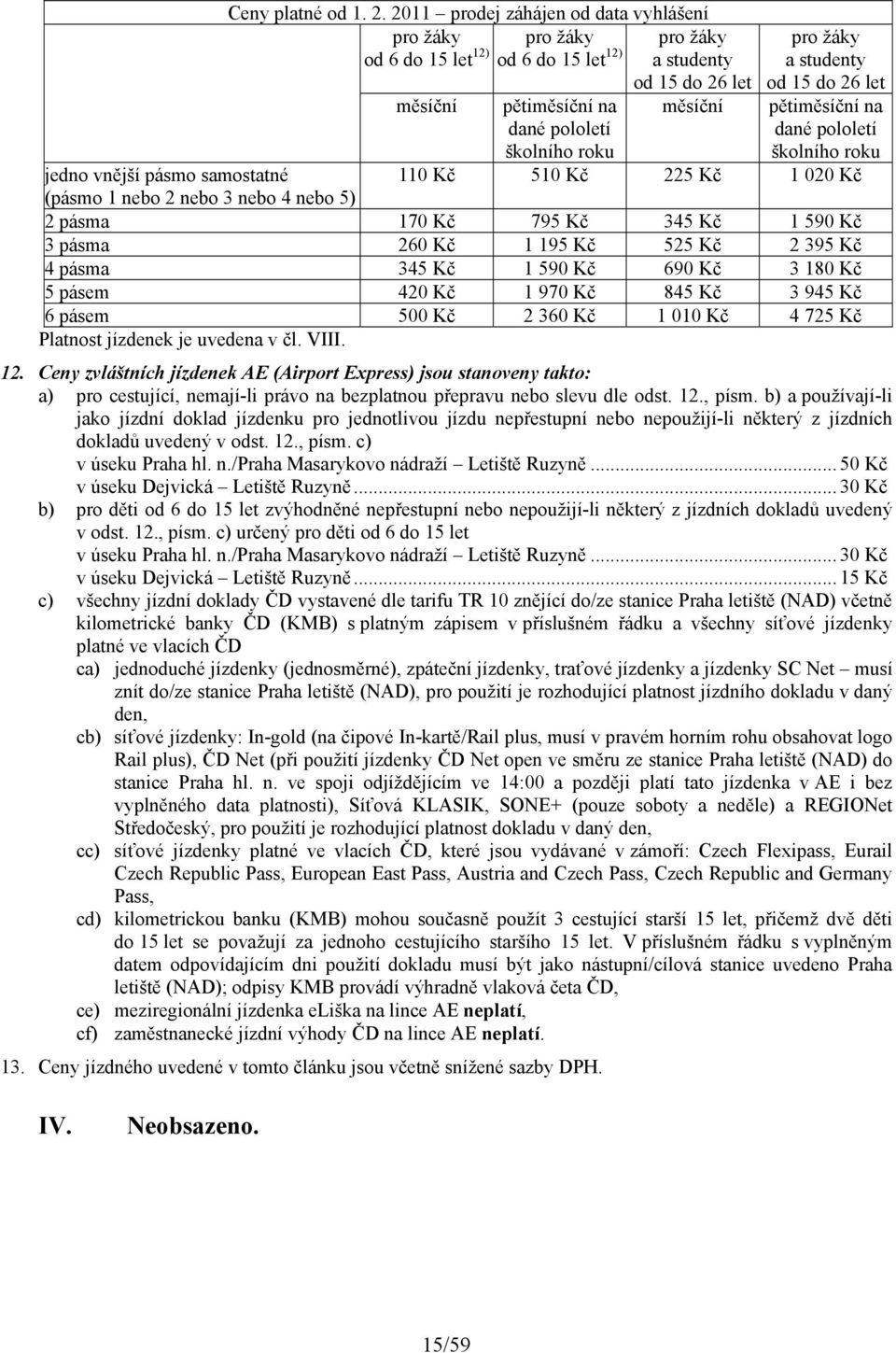 studenty od 15 do 26 let pětiměsíční na dané pololetí školního roku jedno vnější pásmo samostatné 110 Kč 510 Kč 225 Kč 1 020 Kč (pásmo 1 nebo 2 nebo 3 nebo 4 nebo 5) 2 pásma 170 Kč 795 Kč 345 Kč 1