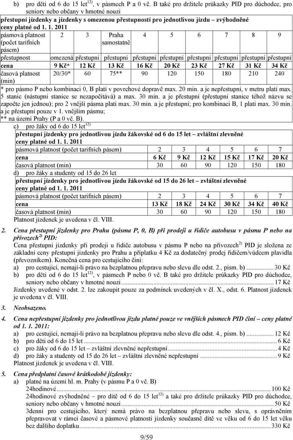 1. 2011 pásmová platnost (počet tarifních pásem) 2 3 Praha samostatně 4 5 6 7 8 9 přestupnost omezená přestupní přestupní přestupní přestupní přestupní přestupní přestupní přestupní cena 9 Kč* 12 Kč