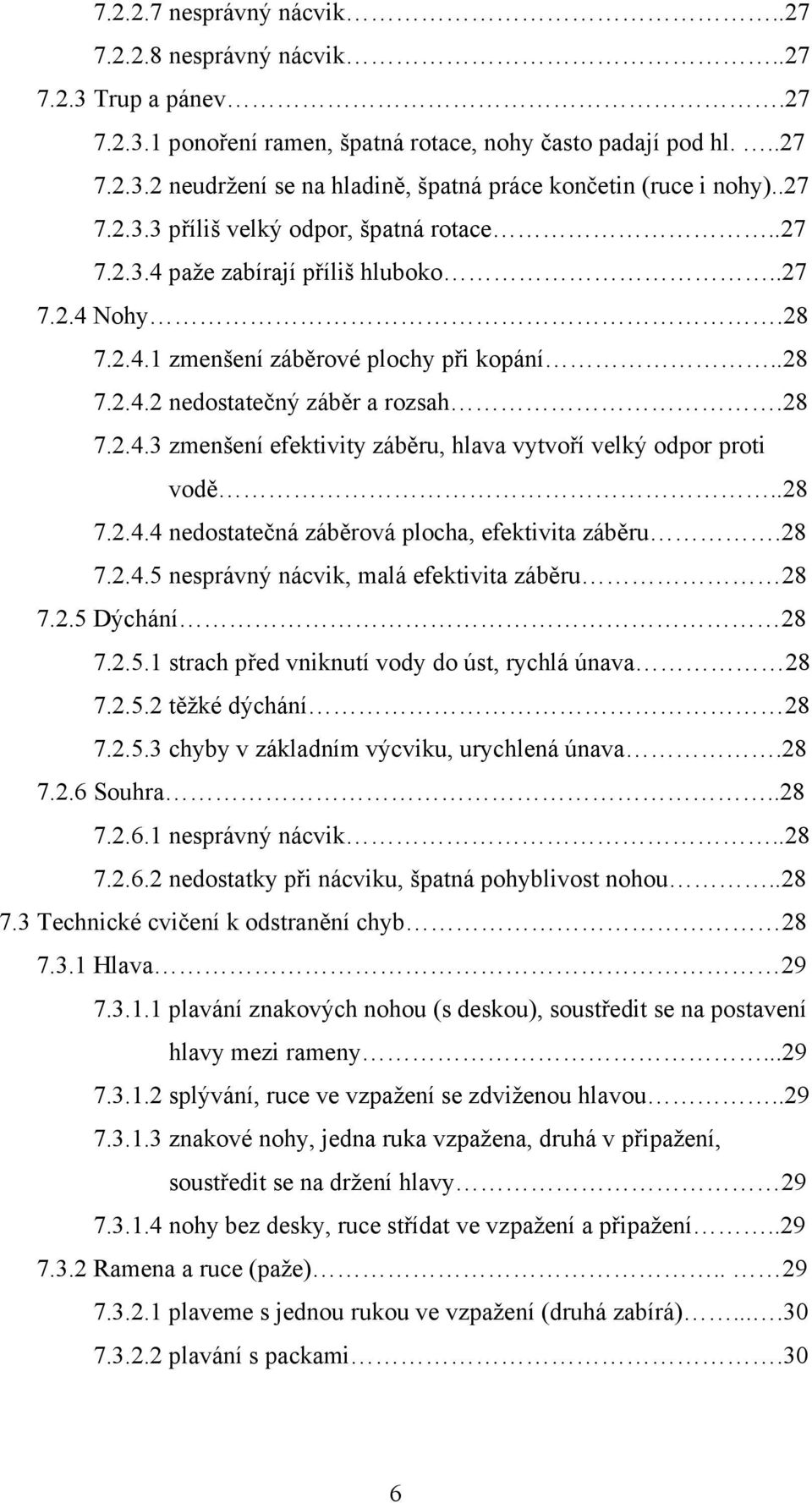 .28 7.2.4.4 nedostatečná záběrová plocha, efektivita záběru.28 7.2.4.5 nesprávný nácvik, malá efektivita záběru 28 7.2.5 Dýchání 28 7.2.5.1 strach před vniknutí vody do úst, rychlá únava 28 7.2.5.2 těžké dýchání 28 7.