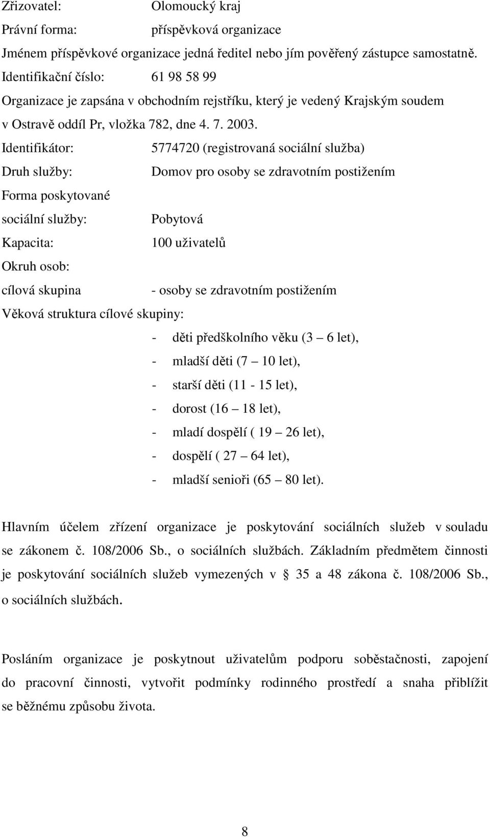 Identifikátor: 5774720 (registrovaná sociální služba) Druh služby: Domov pro osoby se zdravotním postižením Forma poskytované sociální služby: Pobytová Kapacita: 100 uživatelů Okruh osob: cílová