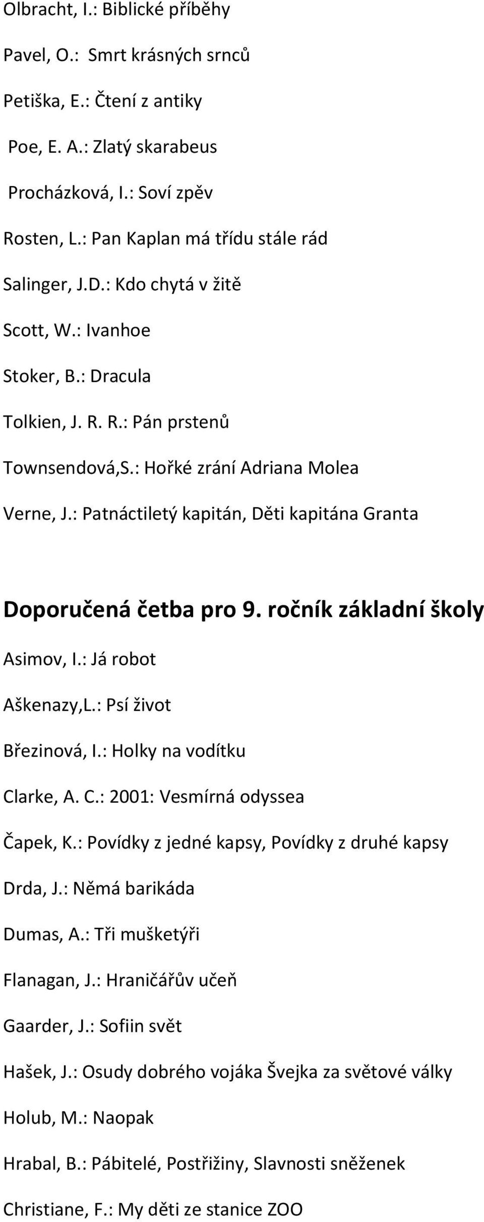 : Patnáctiletý kapitán, Děti kapitána Granta Doporučená četba pro 9. ročník základní školy Asimov, I.: Já robot Aškenazy,L.: Psí život Březinová, I.: Holky na vodítku Cl