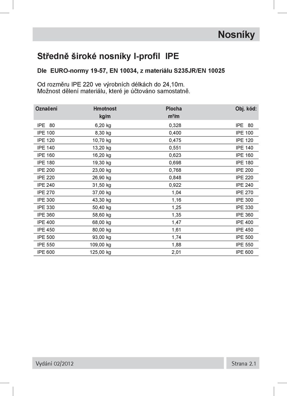 180 IPE 200 23,00 kg 0,768 IPE 200 IPE 220 26,90 kg 0,848 IPE 220 IPE 240 31,50 kg 0,922 IPE 240 IPE 270 37,00 kg 1,04 IPE 270 IPE 300 43,30 kg 1,16 IPE 300 IPE 330 50,40 kg 1,25