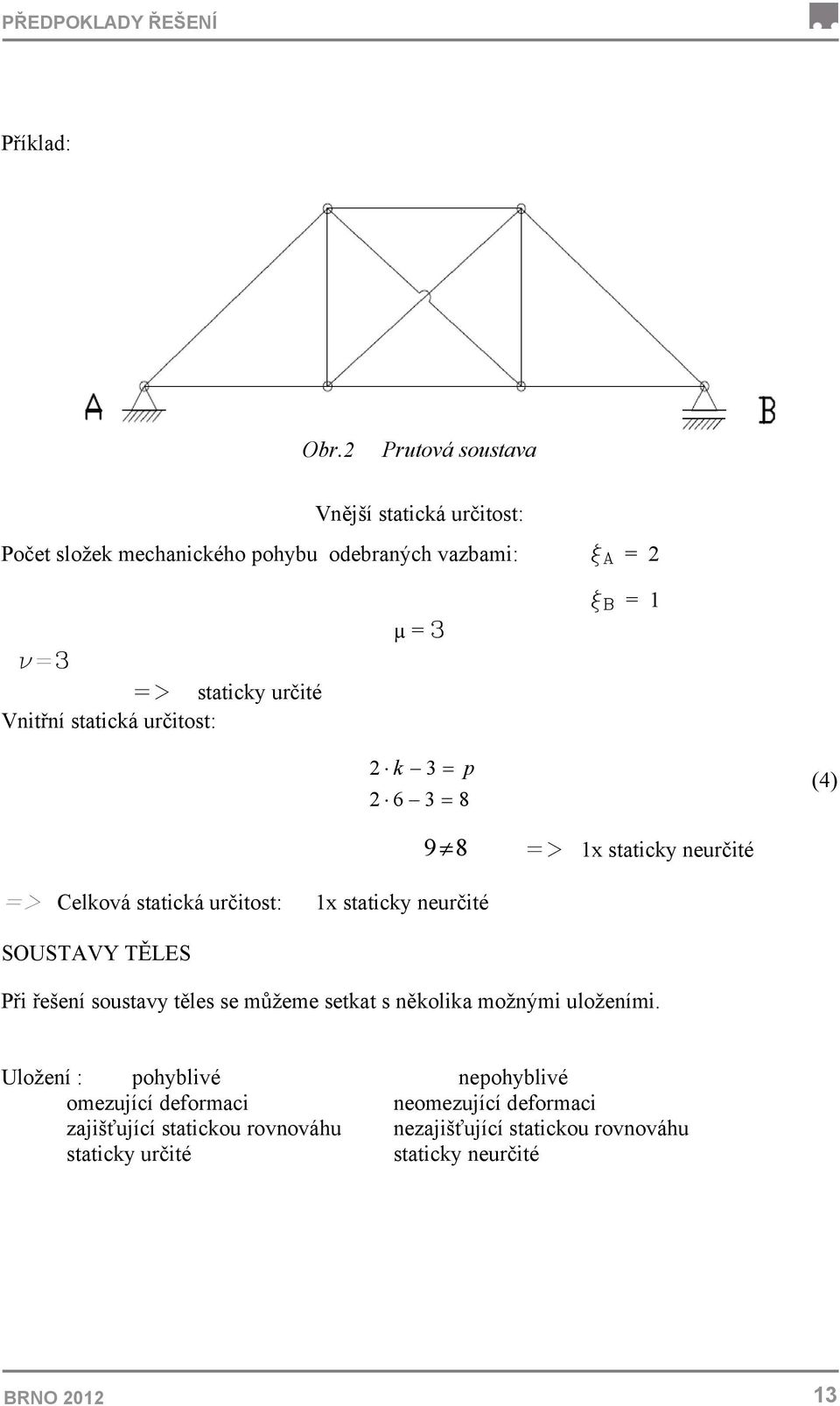 statická určitost: µ = 3 x B = 1 2 k 3 = p 2 6 3 = 8 (4) 9 8 => 1x staticky neurčité => Celková statická určitost: 1x staticky neurčité SOUSTAVY