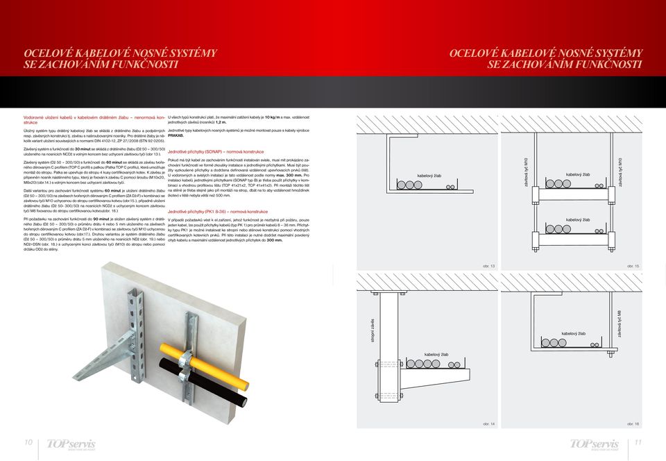 konstrukcí tj závěsu s našroubovanými nosníky Pro drátěné žlaby je několik variant uložení souvisejících s normami DIN 4102-12, ZP 27/2008 (STN 92 0205) Jednotlivé typy kabelových nosných systémů je