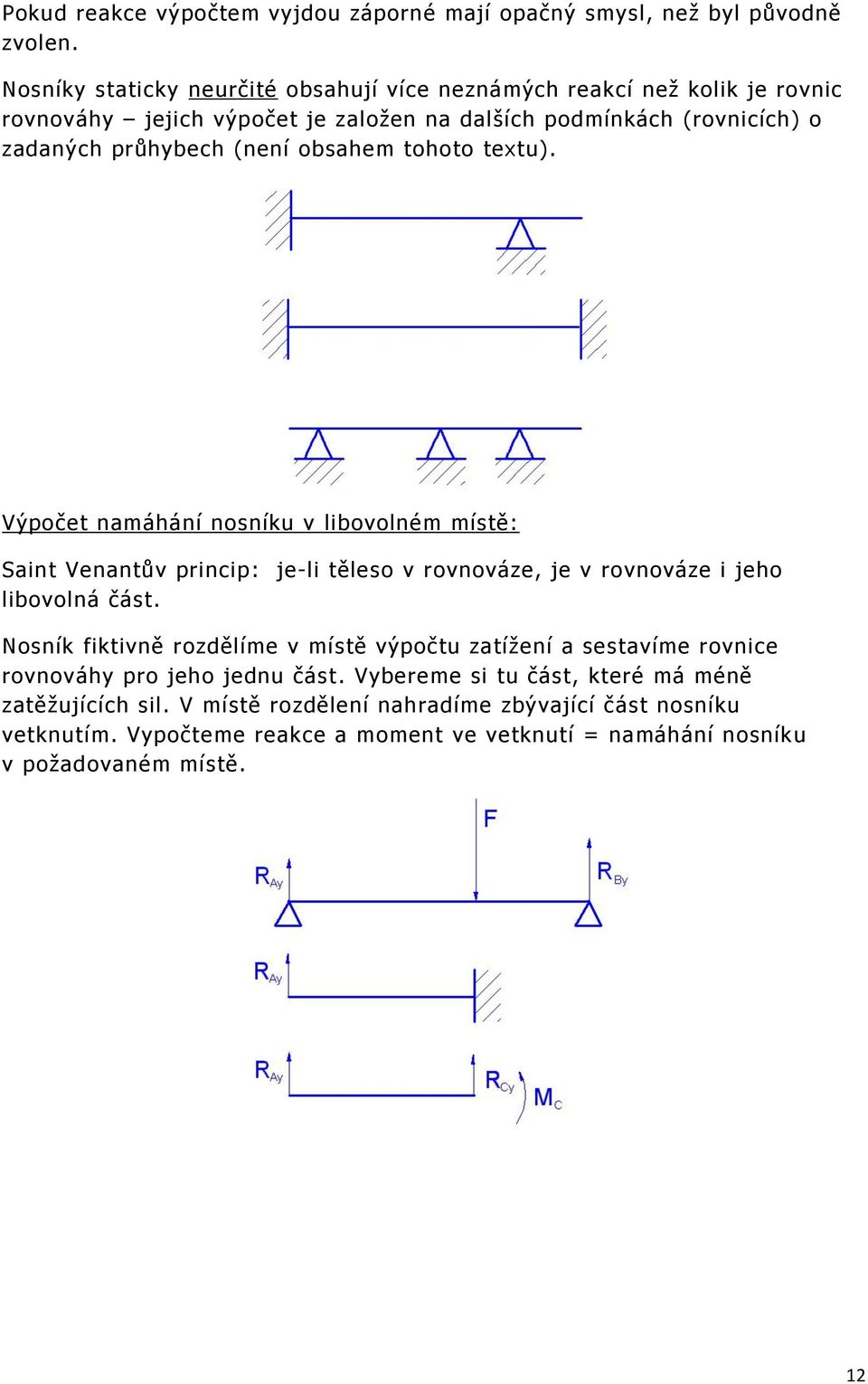 obsahem tohoto textu). Výpočet namáhání nosníku v libovolném místě: Saint Venantův princip: je-li těleso v rovnováze, je v rovnováze i jeho libovolná část.