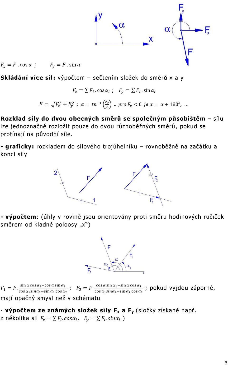 - graficky: rozkladem do silového trojúhelníku rovnoběžně na začátku a konci síly - výpočtem: (úhly v rovině jsou orientovány proti směru