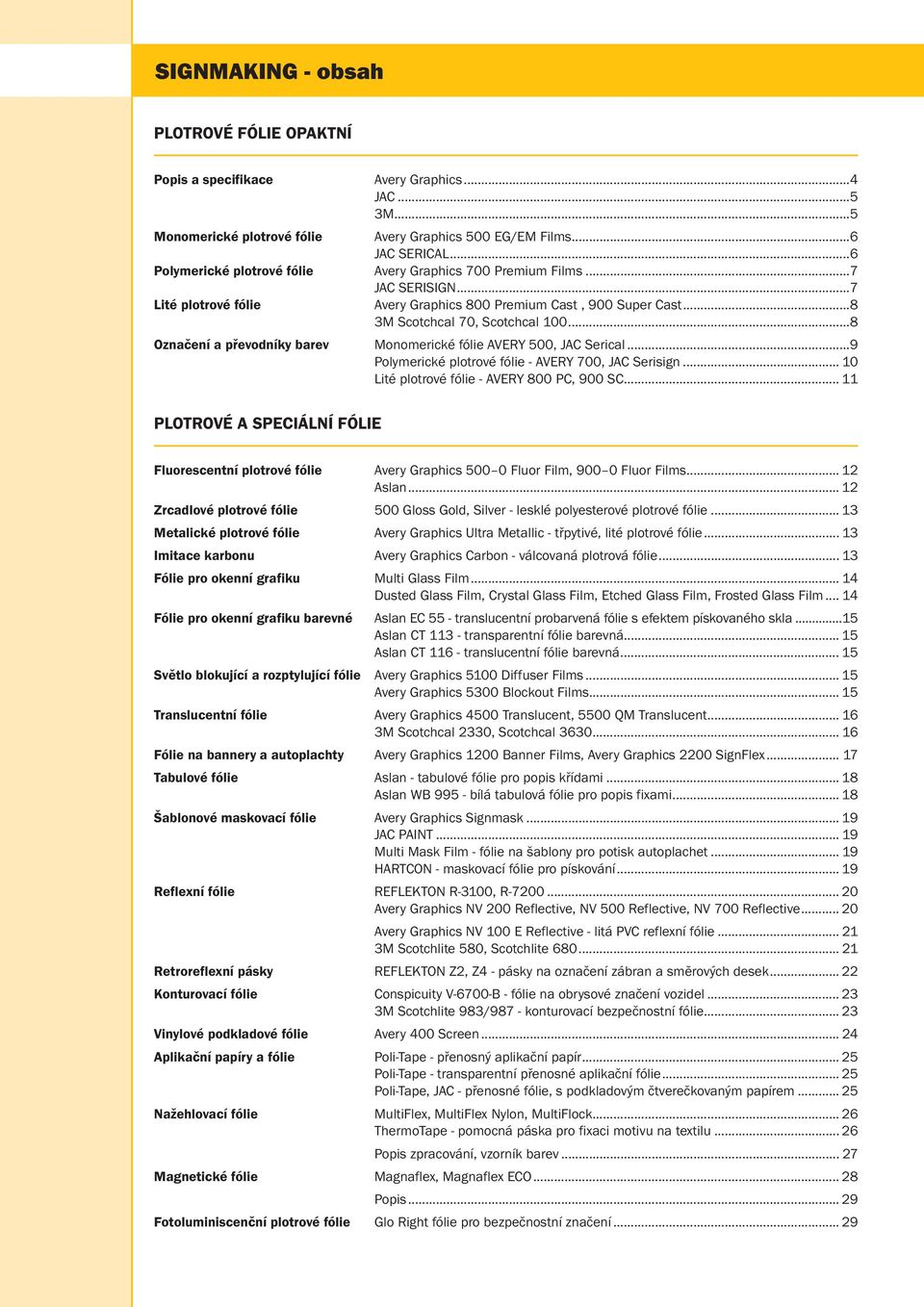 ..8 Označení a převodníky barev Monomerické fólie AVERY 500, JAC Serical...9 Polymerické plotrové fólie - AVERY 700, JAC Serisign... 10 Lité plotrové fólie - AVERY 800 PC, 900 SC.