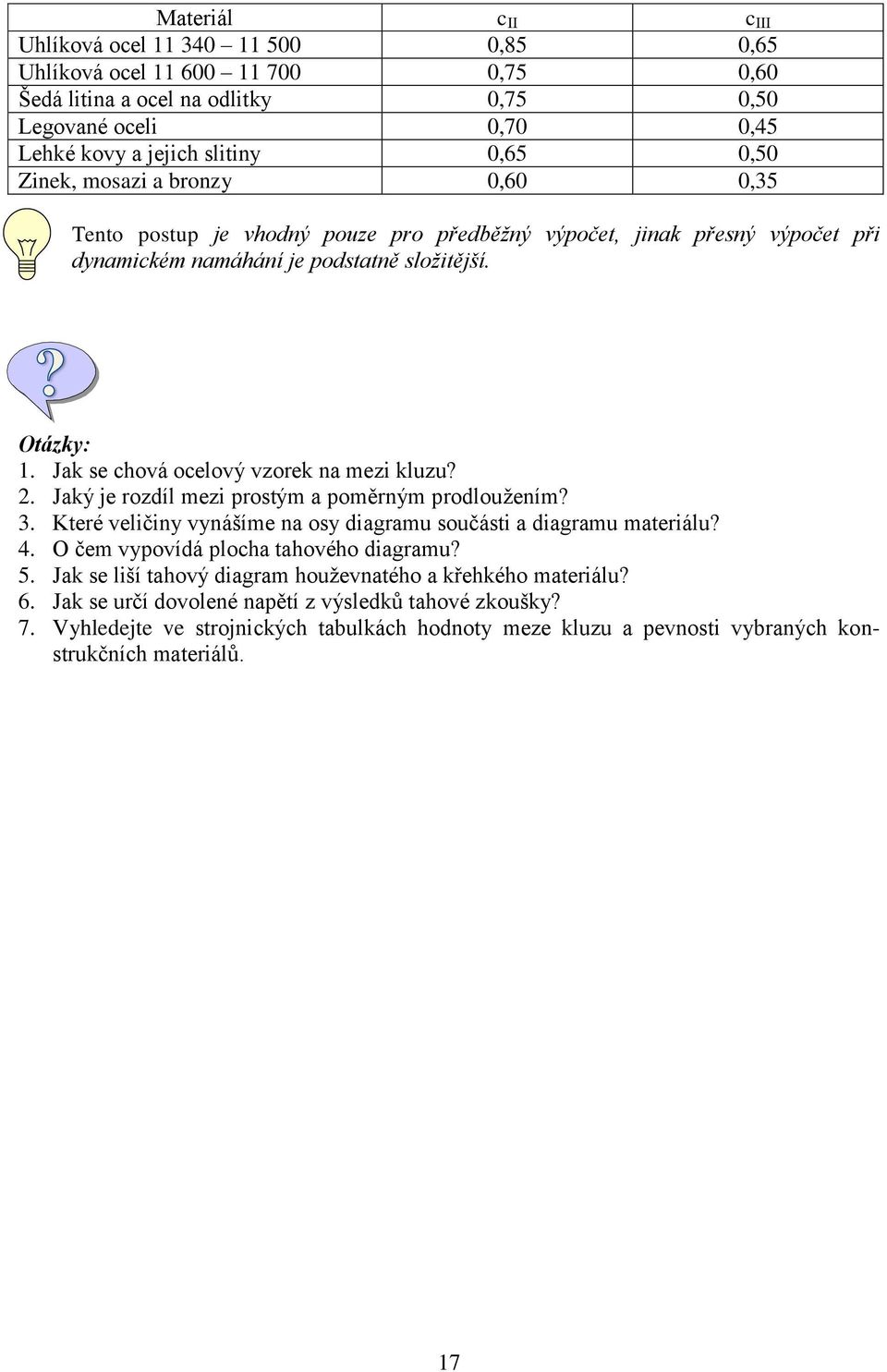 Jak se chová ocelový vzorek na mezi kluzu? 2. Jaký je rozdíl mezi prostým a poměrným prodlouţením? 3. Které veličiny vynášíme na osy diagramu součásti a diagramu materiálu? 4.