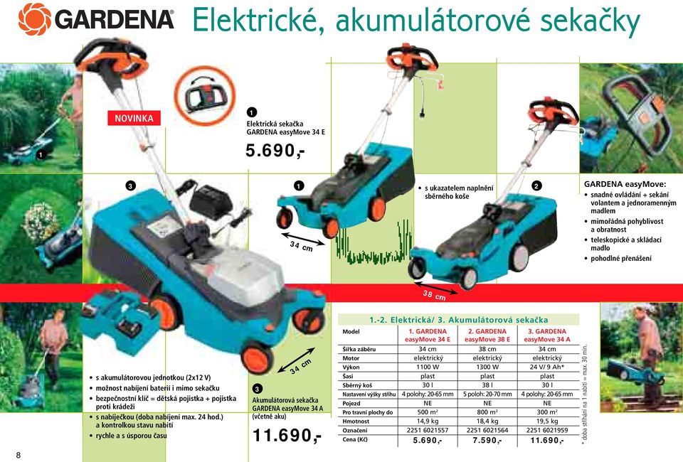 690,- 3 s ukazatelem naplnění 2 sběrného koše 34 cm GARDENA easymove: snadné ovládání + sekání volantem a jednoramenným madlem mimořádná pohyblivost a obratnost teleskopické a skládací madlo pohodlné