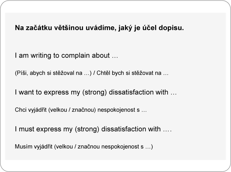 stěžovat na I want to express my (strong) dissatisfaction with Chci vyjádřit (velkou