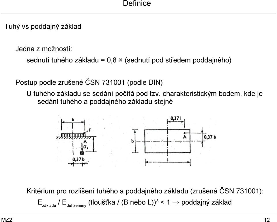 charakteristickým bodem, kde je sedání tuhého a poddajného základu stejné Kritérium pro rozlišení tuhého