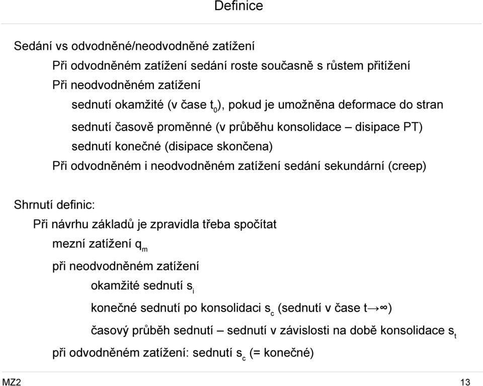 neodvodněném zatížení sedání sekundární (creep) Shrnutí definic: Při návrhu základů je zpravidla třeba spočítat mezní zatížení qm při neodvodněném zatížení okamžité