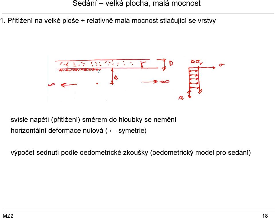 svislé napětí (přitížení) směrem do hloubky se nemění horizontální