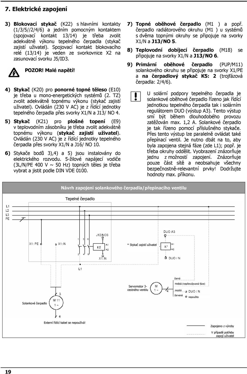 4) Stykač (K20) pro ponorné topné těleso (E10) je třeba u mono-energetických systémů (2. TZ) zvolit adekvátně topnému výkonu (stykač zajistí uživatel).