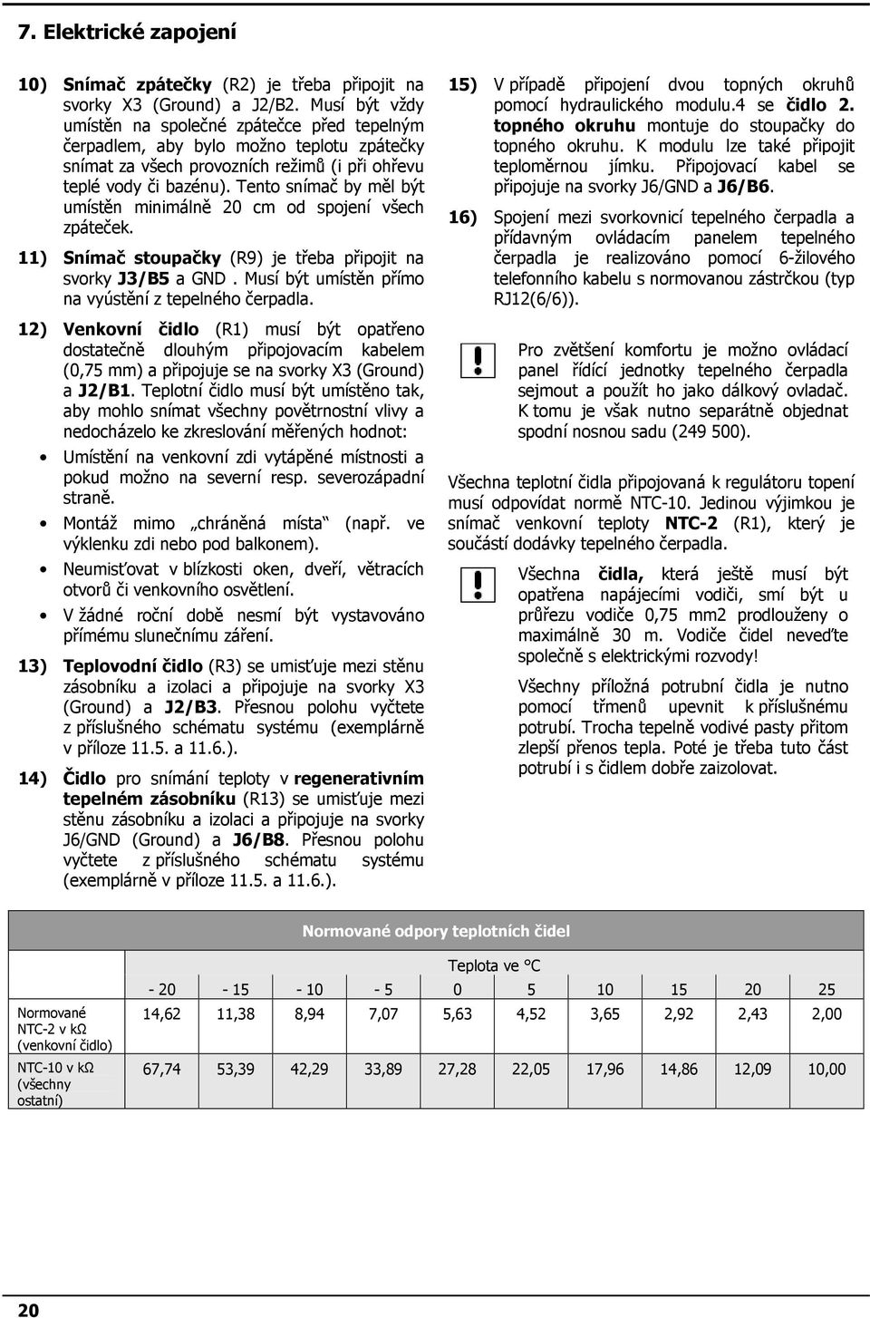 Tento snímač by měl být umístěn minimálně 20 cm od spojení všech zpáteček. 11) Snímač stoupačky (R9) je třeba připojit na svorky J3/B5 a GND. Musí být umístěn přímo na vyústění z tepelného čerpadla.