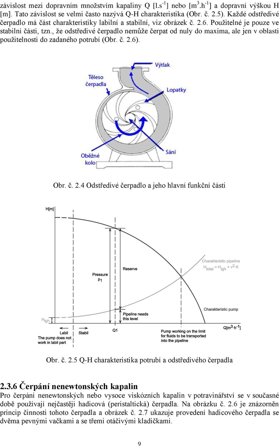 , že odstředivé čerpadlo nemůže čerpat od nuly do maxima, ale jen v oblasti použitelnosti do zadaného potrubí (Obr. č. 2.6). Obr. č. 2.4 Odstředivé čerpadlo a jeho hlavní funkční části Obr. č. 2.5 Q-H charakteristika potrubí a odstředivého čerpadla 2.