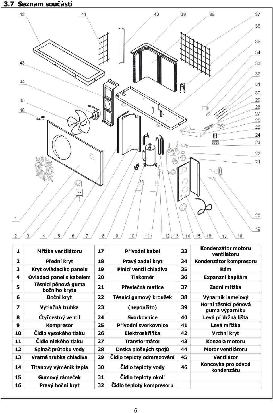 lamelový 7 Výtlačná trubka 23 (nepoužito) 39 Horní těsnicí pěnová guma výparníku 8 Čtyřcestný ventil 24 Svorkovnice 40 Levá přídržná lišta 9 Kompresor 25 Přívodní svorkovnice 41 Levá mřížka 10 Čidlo