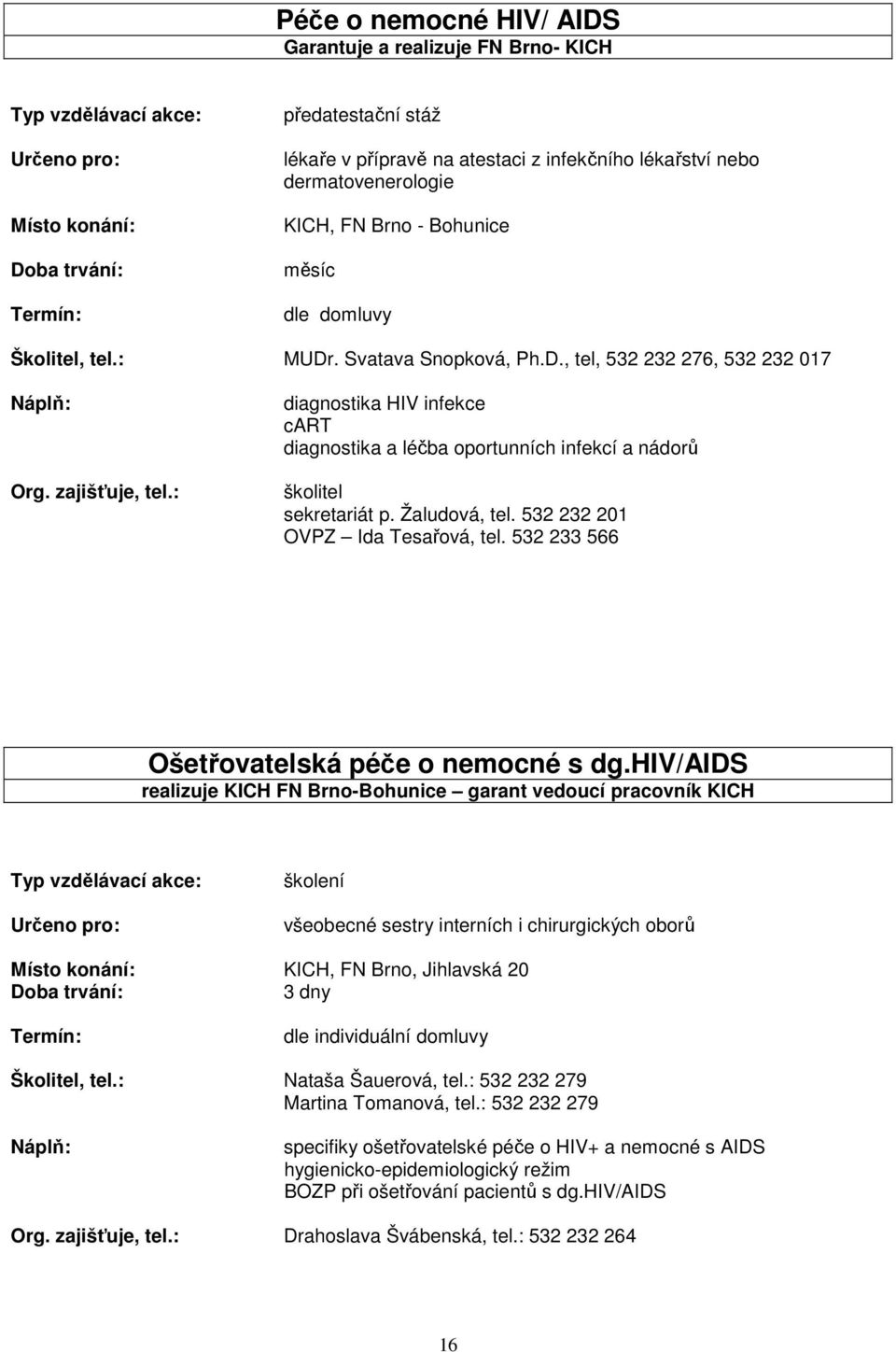 Žaludová, tel. 532 232 201 OVPZ Ida Tesařová, tel. 532 233 566 Ošetřovatelská péče o nemocné s dg.