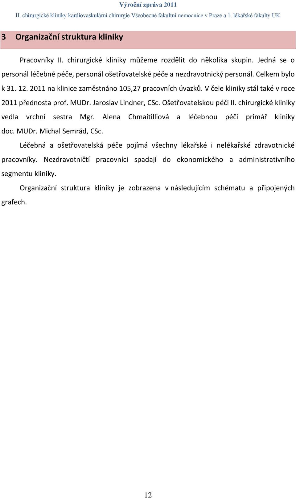 chirurgické kliniky vedla vrchní sestra Mgr. Alena Chmaitilliová a léčebnou péči primář kliniky doc. MUDr. Michal Semrád, CSc.