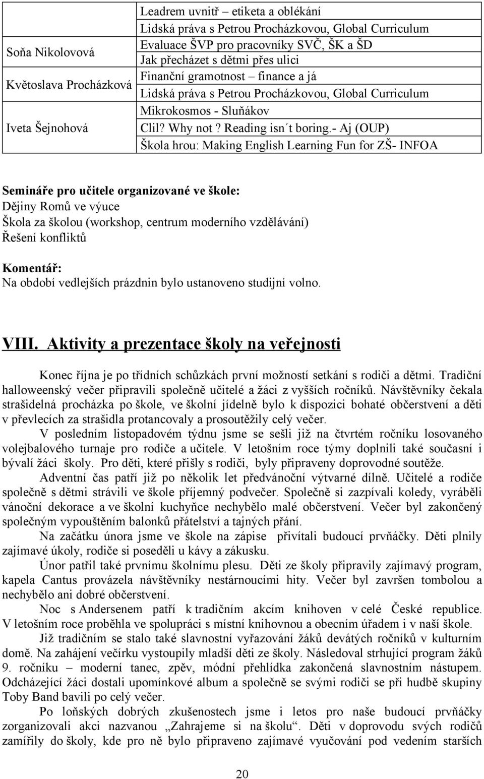 - Aj (OUP) Škola hrou: Making English Learning Fun for ZŠ- INFOA Semináře pro učitele organizované ve škole: Dějiny Romů ve výuce Škola za školou (workshop, centrum moderního vzdělávání) Řešení