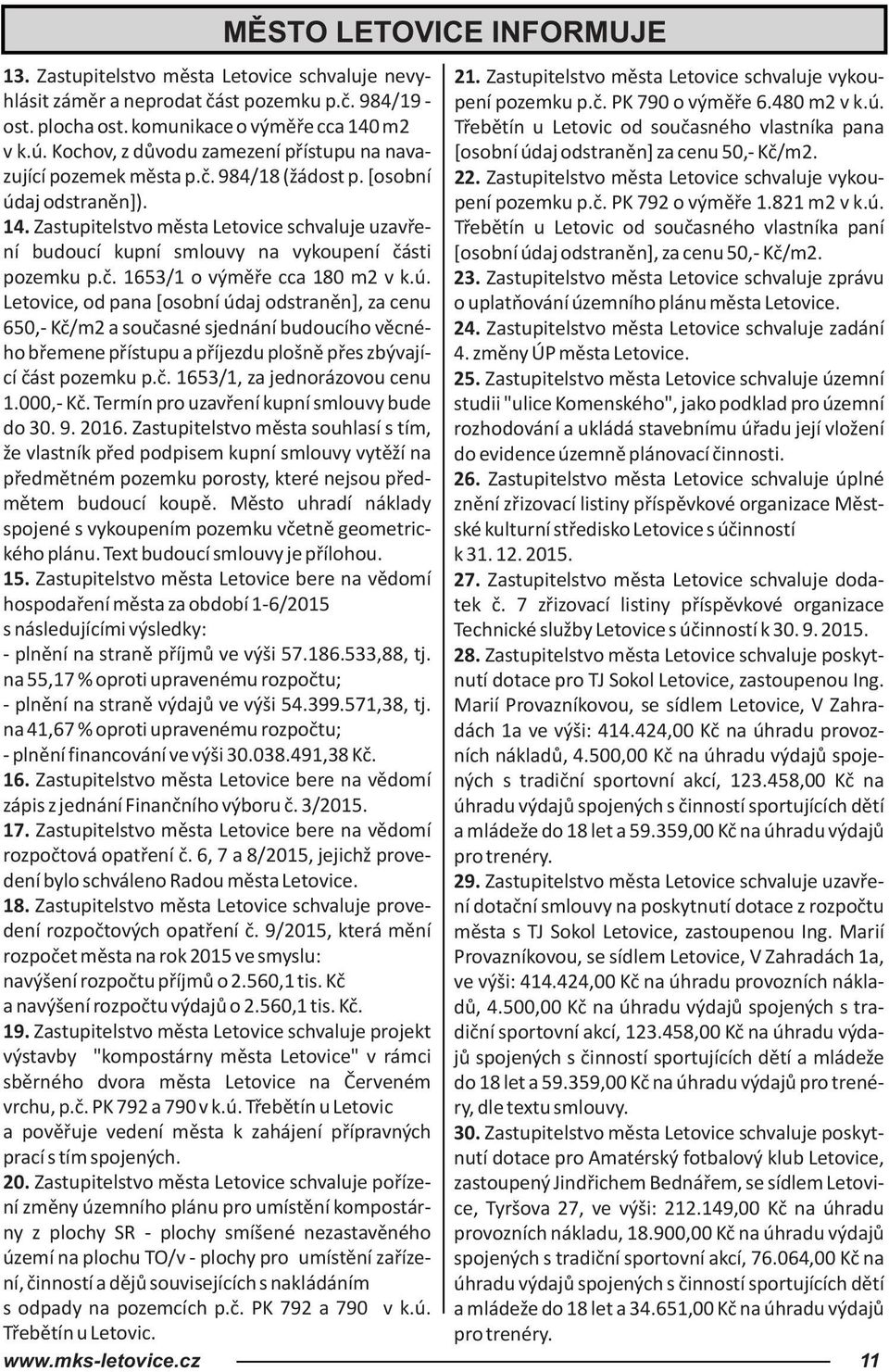 Kochov, z důvodu zamezení přístupu na navazující pozemek města p.č. 984/18 (žádost p. [osobní 22. Zastupitelstvo města Letovice schvaluje vykou- [osobní údaj odstraněn] za cenu 50,- Kč/m2.