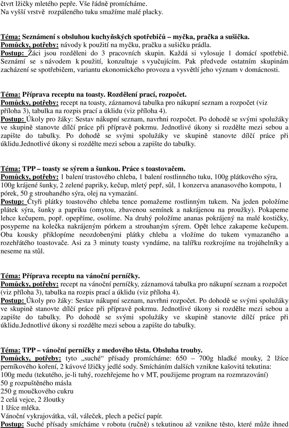 Pak předvede ostatním skupinám zacházení se spotřebičem, variantu ekonomického provozu a vysvětlí jeho význam v domácnosti. Příprava receptu na toasty. Rozdělení prací, rozpočet.