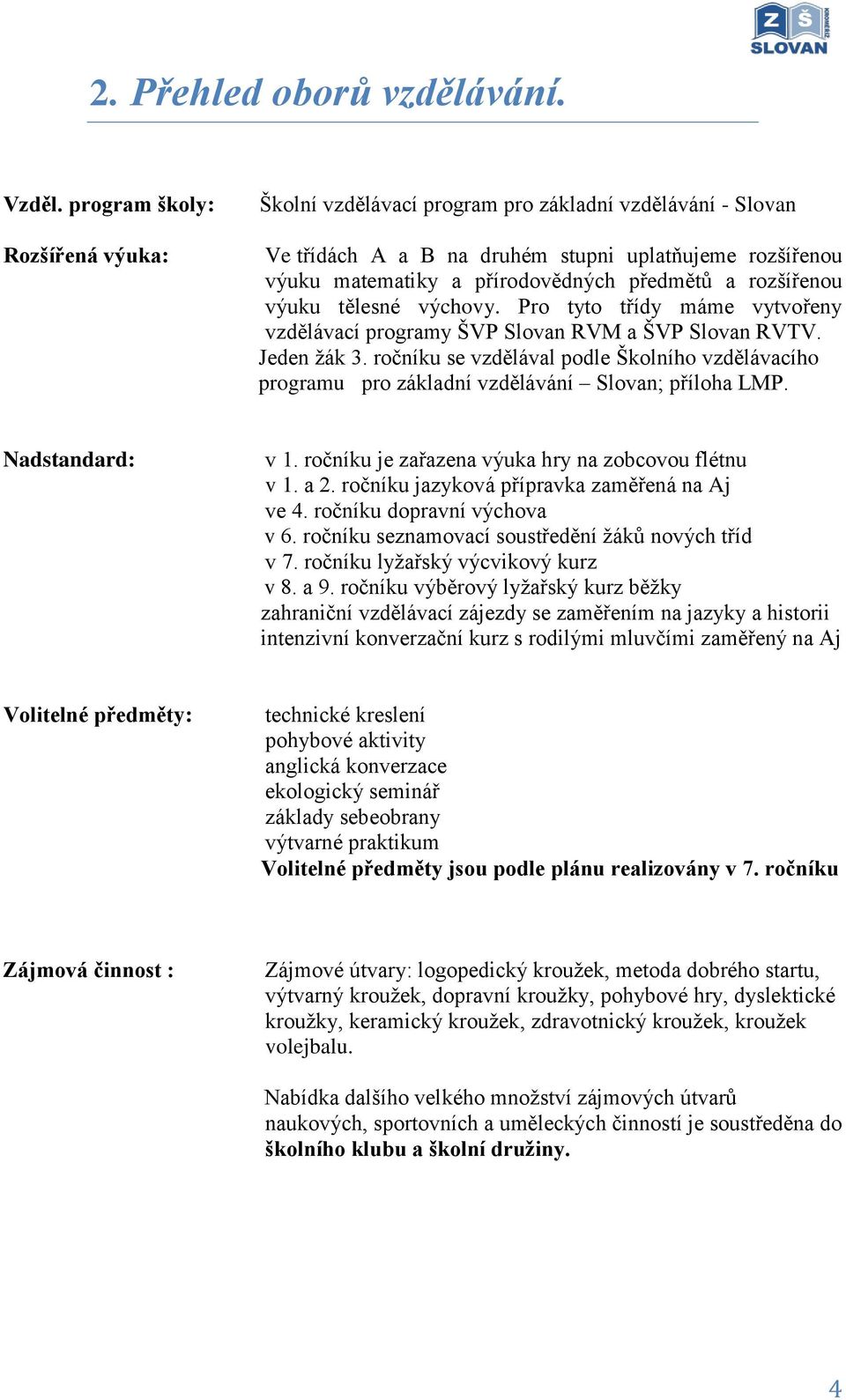 rozšířenou výuku tělesné výchovy. Pro tyto třídy máme vytvořeny vzdělávací programy ŠVP Slovan RVM a ŠVP Slovan RVTV. Jeden žák 3.