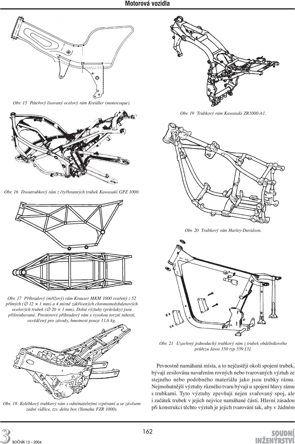 Prostorový příhradový rám s vysokou torzní tuhostí, osvědčený pro závody, hmotnost pouze 11,6 kg. Obr. 21 Uzavřený jednoduchý trubkový rám z trubek obdélníkového průřezu Jawa 350 typ 559 [3]. Obr. 18 Kolébkový trubkový rám s odnímatelnými vzpěrami a se závěsem zadní vidlice, tzv.