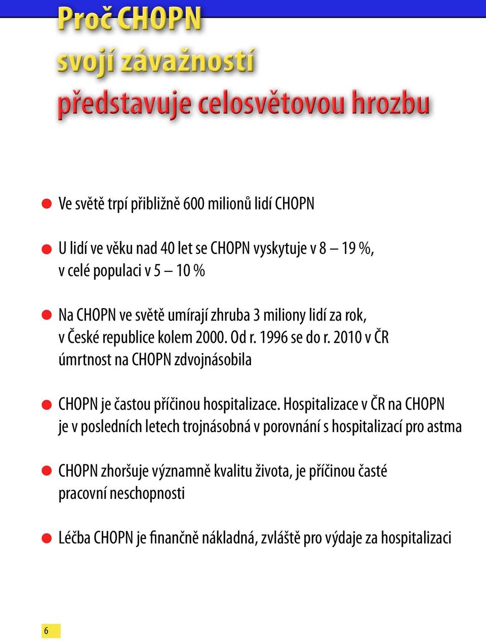 2010 v ČR úmrtnost na CHOPN zdvojnásobila CHOPN je častou příčinou hospitalizace.