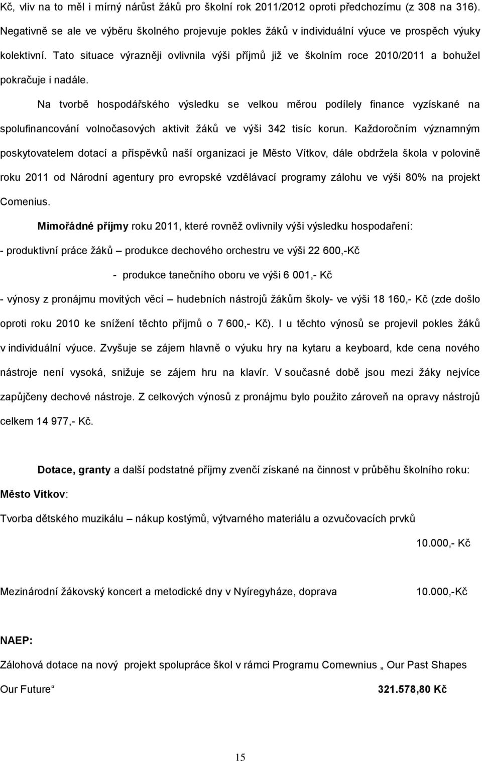 Tato situace výrazněji ovlivnila výši příjmů jiţ ve školním roce 2010/2011 a bohuţel pokračuje i nadále.