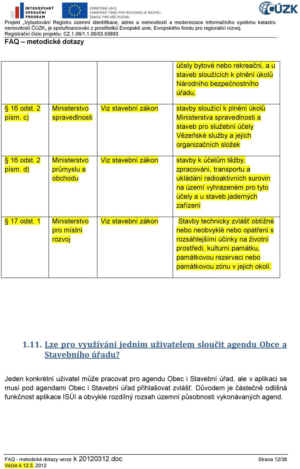 d) Ministerstvo průmyslu a obchodu Viz stavební zákon stavby k účelům těţby, zpracování, transportu a ukládání radioaktivních surovin na území vyhrazeném pro tyto účely a u staveb jaderných zařízení