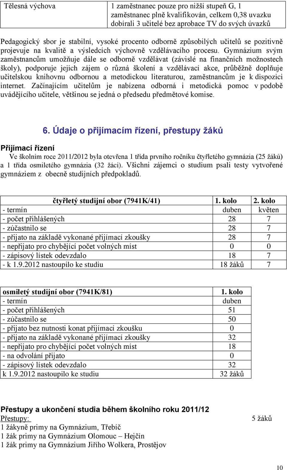 Gymnázium svým zaměstnancům umožňuje dále se odborně vzdělávat (závislé na finančních možnostech školy), podporuje jejich zájem o různá školení a vzdělávací akce, průběžně doplňuje učitelskou